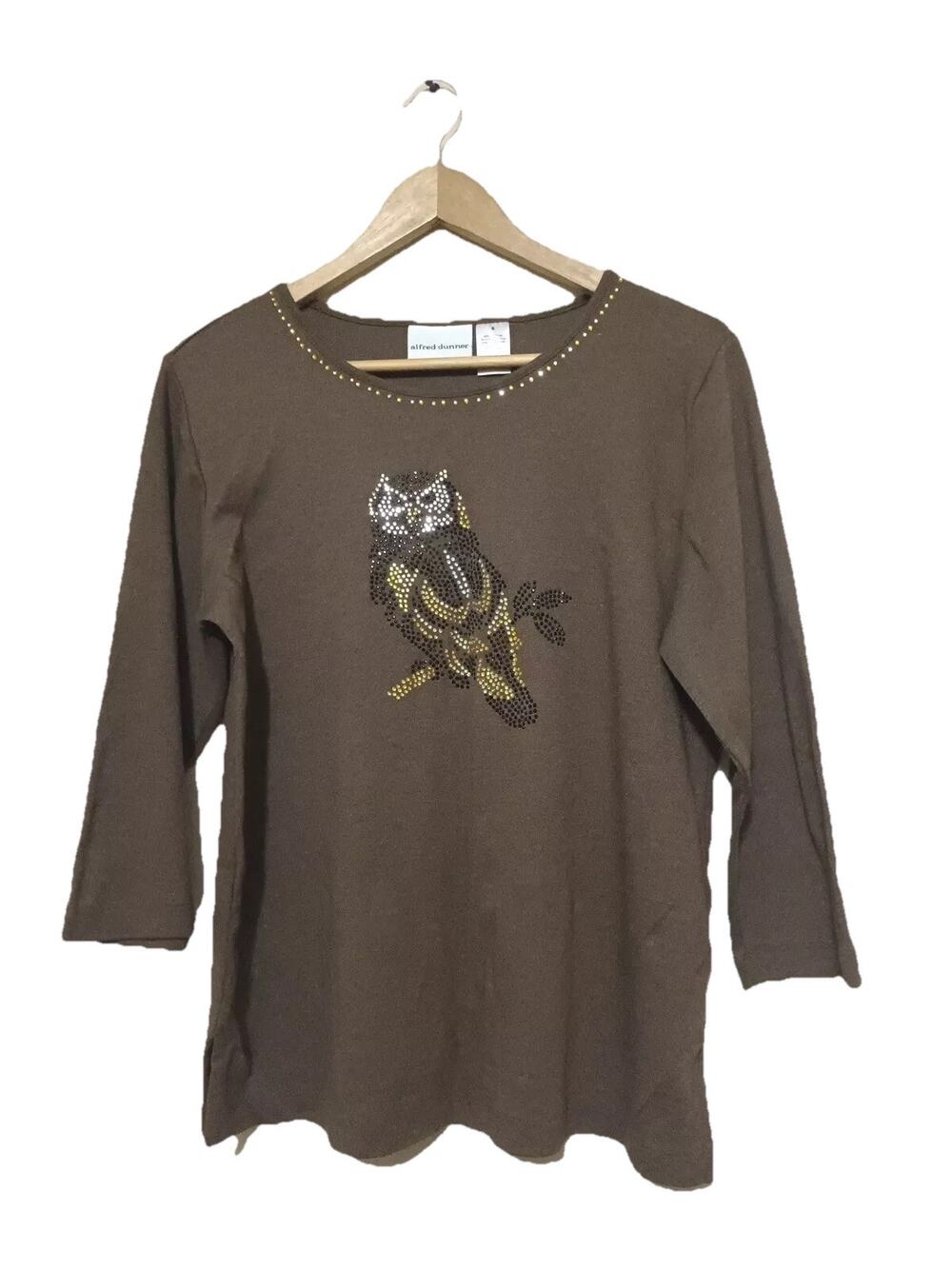 VTG Alfred Dunner Brown Faux Gem Owl Pullover T-Shirt 3/4 Sleeve Size S